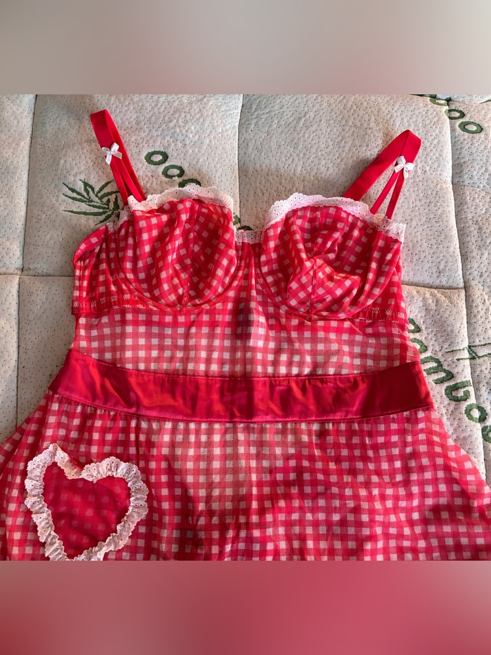 NWOT Adore Me Pink and White Vintage Gingham Chemise with Lace Accents
